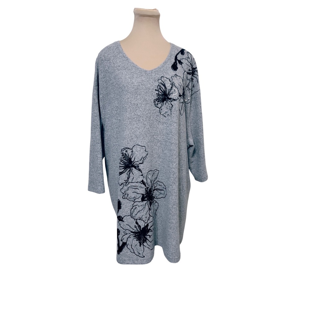 Ulla Popken Womens Gray‎ Floral Sequin Knit Tunic Top Size 24/26 Plus Relaxed